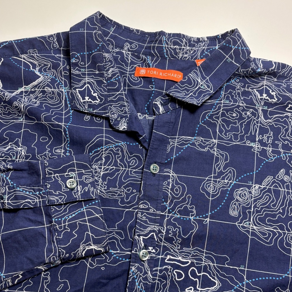 Tori Richard Hawaiian Map Topographical Navy Men's 2XL Cotton Button Up Shirt